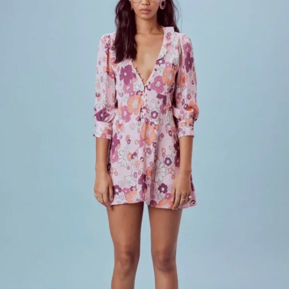 For Love and Lemons Groovy Pink Floral Button Up Shirt Dress, Sz XS